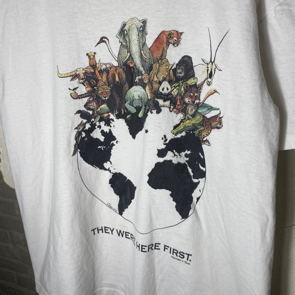 Vintage 1992 Human-i-Tees They Were Here First Animal Globe T-Shirt Mens Large - Picture 2 of 8